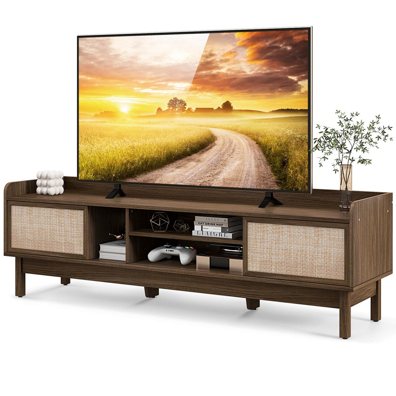 Costway Wooden TV Stand for TVs up to 65" with Storage Adjustable Shelf & Sliding Doors Walnut